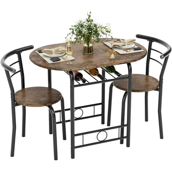 XgoodX Dining Table for 2, 3 Piece Round Table & Chair Set, Small Kitchen Table for Breakfast Nook, Wood Grain Tabletop and Built-in Storage Rack, Space Saving for Kitchen, Dining Room (Brown)