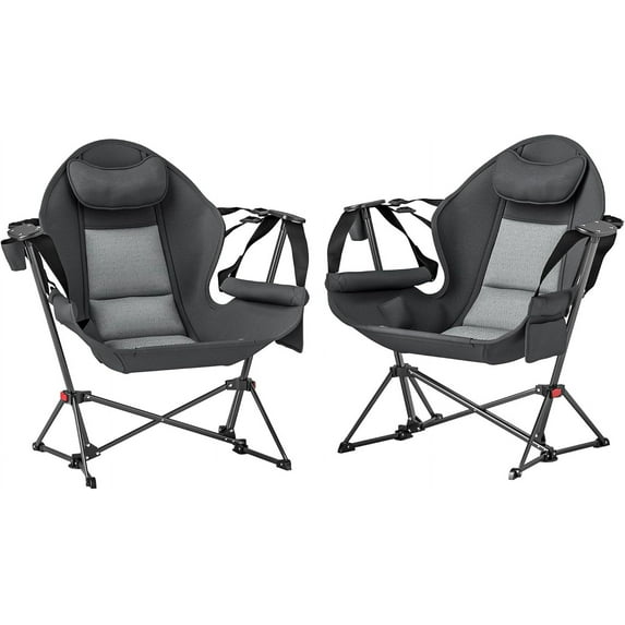 XgoodX Double Hammock Camping Chair, Folding Rocking Swing Chair with Adjustable Backrest, Cup Holder, Headrest, and Padded Seat, Portable Outdoor Chair for Lawn, Backyard, Travel, or Concerts,Grey