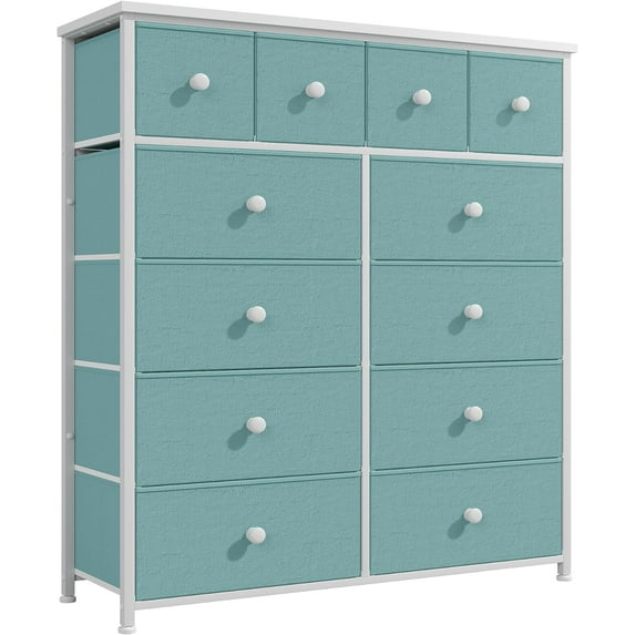 XgoodX Dresser for Bedroom with 12 Drawers Tall Dressers for Bedroom Fabric Dressers & Chest of Drawers with Sturdy Metal Frame, Wood Top, for Girls, Closet, 40.6" W x 11.8" D x 44.5" H (Turquoise)