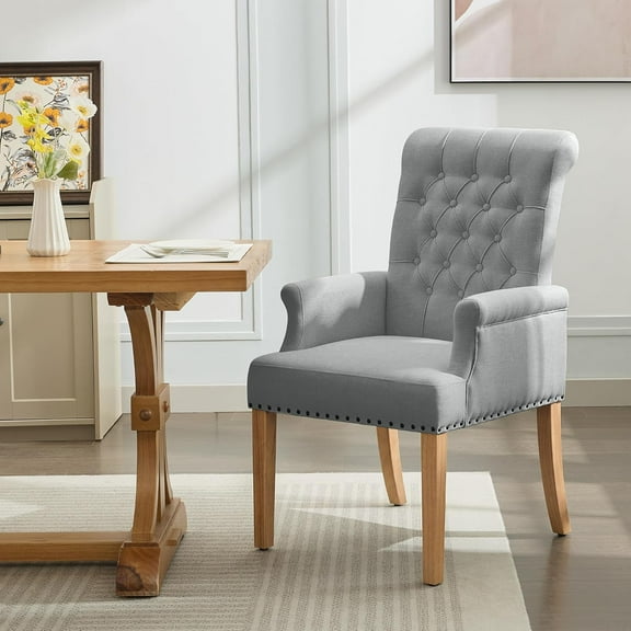 XgoodX Fabric Dining Chair with Arms, Upholstered Tufted High Back Dining Room Chairs, Accent Armchair with Solid Wood Leg and Nailhead Trim,  Light Grey