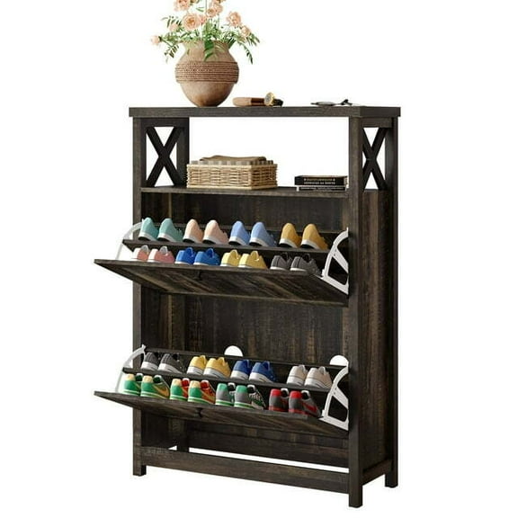 XgoodX Farmhouse Shoe Cabinet with 2 Flip Drawer Open Shelves Storage Organizer Hallway-Dark Rustic Oak