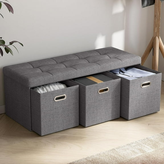 XgoodX Foldable Tufted Linen Large Long Bench Storage Ottoman Foot Rest Stool Seat with 3 Drawer Cubes - 15" x 40" x 15", Charcoal Gray