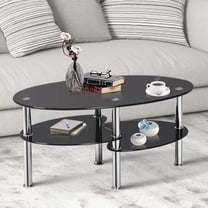 XgoodX Glass Coffee Table, 3-Tier Sofa Side Table with Metal Tube Legs and Open Shelves, Modern Oval Coffee End Table for Living Room Office (Black)