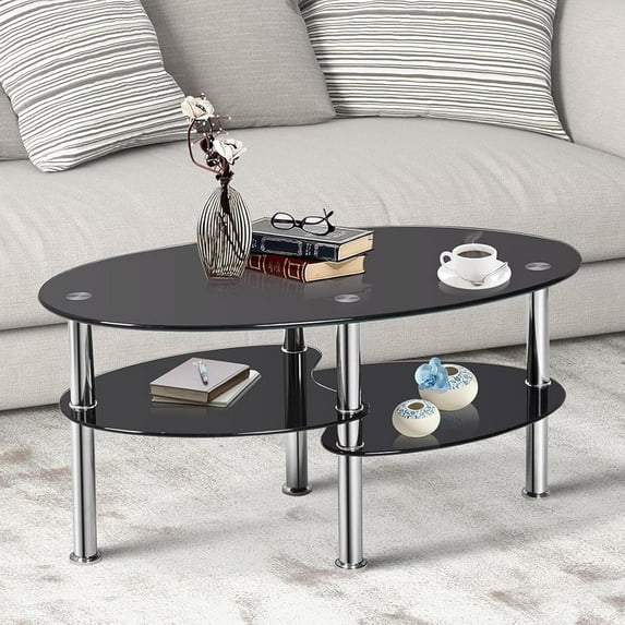 XgoodX Glass Coffee Table, 3-Tier Sofa Side Table with Metal Tube Legs and Open Shelves, Modern Oval Coffee End Table for Living Room Office (Black)