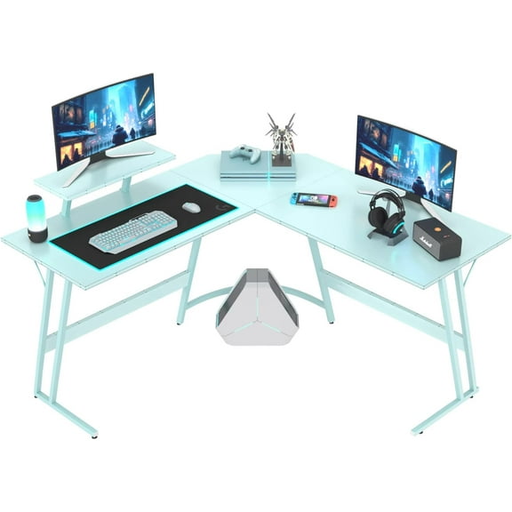 XgoodX L Shaped Gaming Desk Computer Corner Desk PC Gaming Desk Table with Large Monitor Riser Stand for Home Office Sturdy Writing Workstation (Blue, 51 Inch)