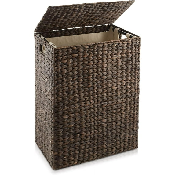 XgoodX Large Laundry Hamper with Lid and Removable Liner Bag - Espresso, Woven Water Hyacinth Rectangular Laundry Basket Sorter for Clothes and Towels