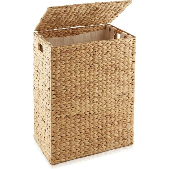 XgoodX Large Laundry Hamper with Lid and Removable Liner Bag - Natural, Woven Water Hyacinth Rectangular Laundry Basket Sorter for Clothes and Towels