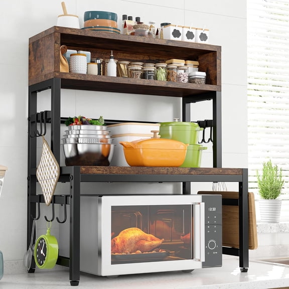 XgoodX Microwave Stand, 4-Tier with 9 Hooks for Kitchen Countertop Organizer, 205LBS Microwave Shelf, Adjustable Kitchen Shelves Microwave Stand with Storage and Microwave Oven Rack (Brown)