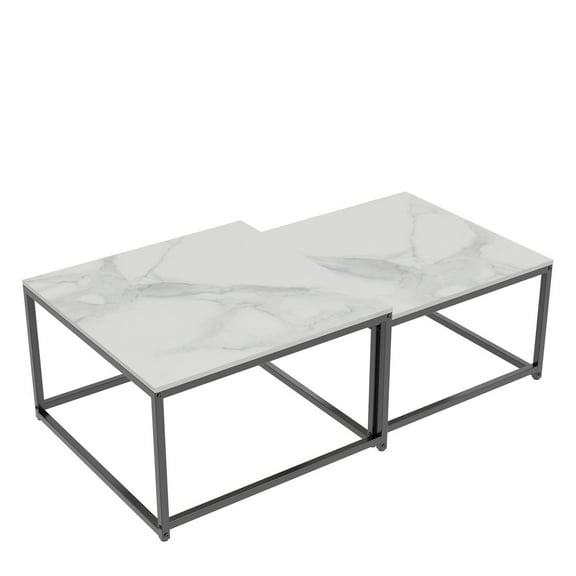 XgoodX Modern Nesting Coffee Table Set, Square Black Metal Frame with Marble Sintered Stone Top, Stylish and Functional Accent Tables for Living Room or Lounge-White