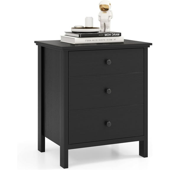 XgoodX Nightstand with 3 Drawers, Wooden Side End Table with Solid Wood Legs, Retro 3-Drawer Bedside Table Night Stand for Bedroom Home Office Small Space, Easy Assembly, Black