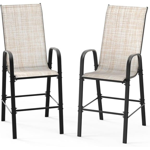 XgoodX Outdoor Bar Chairs Set of 2 Stackable Outdoor Bar Stools with Sturdy Sling High Back and Armrests for Lawn, Courtyard, Garden, Bar, Yellow