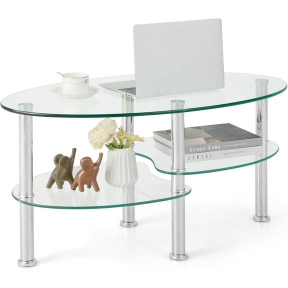XgoodX Oval Glass Coffee Table - 3-Tier Transparent Tempered Glass Table W/Sturdy Chrome Plated Legs, Small Sofa Side Table, End Table for Living Room, Bedroom, Office, 35"× 20" ×18" (Clear)