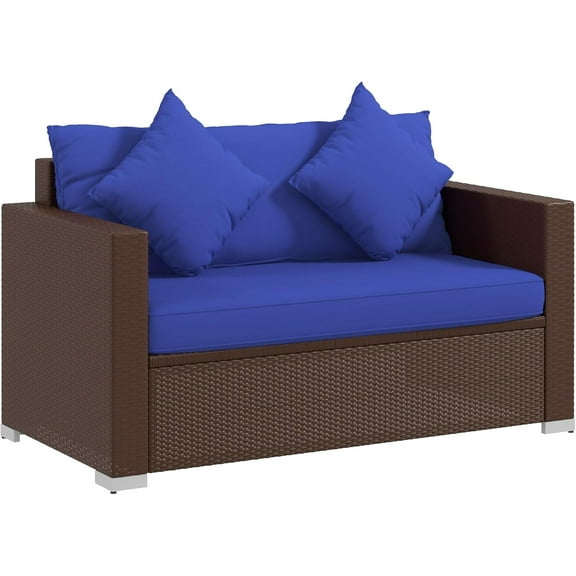 XgoodX Patio Wicker Loveseat with Cushions, 2-Seat Outdoor PE Rattan Sofa with Throw Pillows, All-Weather Love Seat for Porch, Backyard, Garden, Poolside Seating，Dark Blue