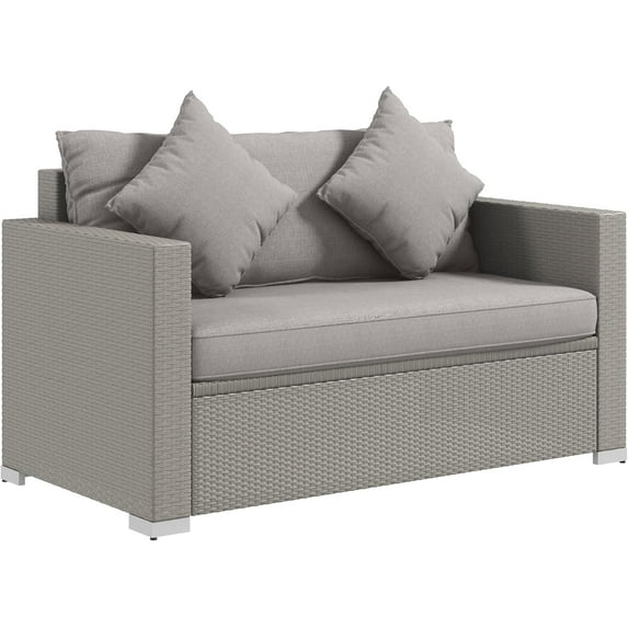 XgoodX Patio Wicker Loveseat with Cushions, 2-Seat Outdoor PE Rattan Sofa with Throw Pillows, All-Weather Love Seat for Porch, Backyard, Garden, Poolside Seating,Grey