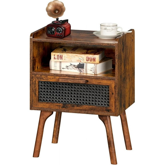 XgoodX Rattan Nightstand, Boho Side Table with Drawer Open Shelf, Cane Accent Bedside End Table with Solid Wood Legs for Bedroom, Dorm and Small Spaces (Brown)