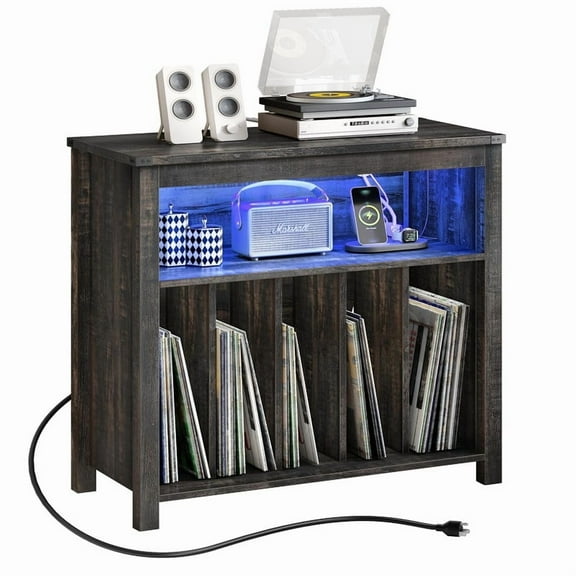 XgoodX Record Player Stand Vintage Turntable Cabinet with Power Outlets and LED Lights-Dark Gray