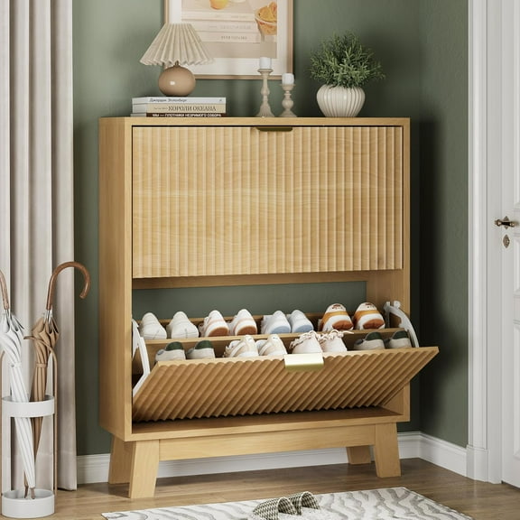 XgoodX Shoe Cabinet with 2 Flip Drawers, 37" Tall Narrow Fluted Shoe Storage Organizer for Entryway, Hidden Slim Wooden Shoe Rack Cabinet for Front Door Entrance, Hallway, Living Room, Natural Oak