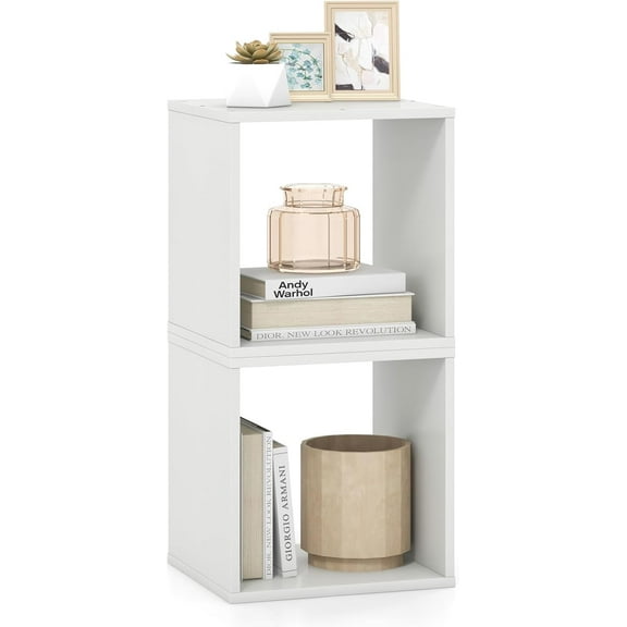 XgoodX Stackable 2 Cube Storage Organizer, Freestanding Cubby Storage Bookcase with Anti-toppling Device, 2-Tier Bookshelf, Combinable Record Player Stand for Living Room Bedroom Study (1, White)