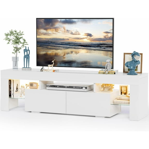 XgoodX TV Stand with LED Lights, Modern Entertainment Center Media and Open Shelf Console Table Storage Desk with 1 Drawer and Remote Control 20 Color LED Lights up to 70 Inch TV (White)
