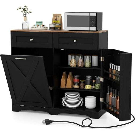 XgoodX Tilt Out Trash Can Cabinet, Kitchen Island with 2 Drawers & Adjustable Shelves, Barn Door, Countertop Charge Station, Hidden Garbage Bin Cabinet for Kitchen, Laundry Room (Black & Walnut)