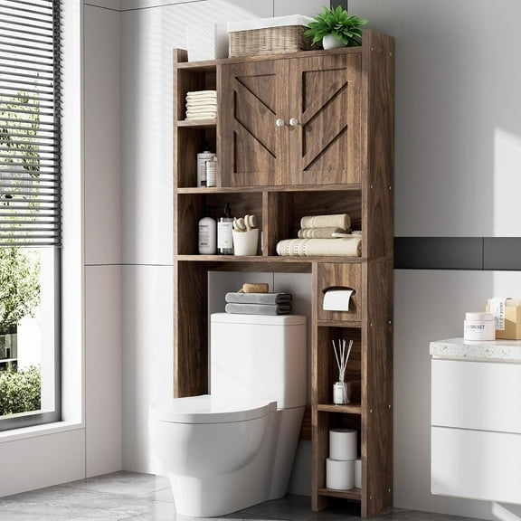 XgoodX  Over The Toilet Storage Cabinet, Freestanding Storage Cabinet Over Toilet, Bathroom Storages Organizer Cabinets with Toilet Paper Holder Stand and Adjustable Shelf, Walnut