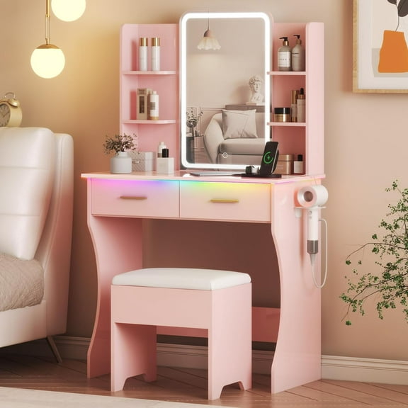 XgoodX Vanity Desk with LED Lights Mirror & Power Outlet, Small Makeup Vanity Table Set with Storage Drawers & Chair, 3 Lighting Modes & Adjustable Brightness, Dressing Table , Pink