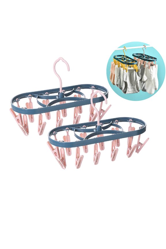 2 Pack Clothes Drying Hanger with 12 Clips, Small Portable Hanging Drying Rack Underwear Hangers, Foldable Hanging Rack, 360° Rotatable Hook for Drying Socks Towels Bras Gloves