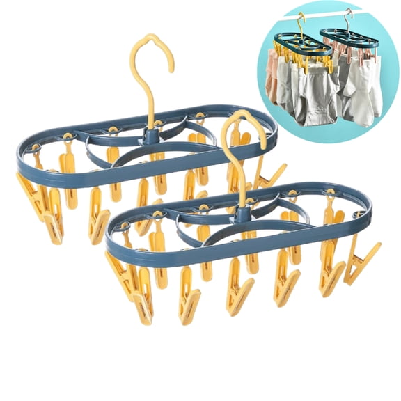 Xhegex 2 Pack Clothes Drying Hanger with 12 Clips, Small Portable Hanging Drying Rack Underwear Hangers, Foldable Hanging Rack, 360° Rotatable Hook for Drying Socks Towels Bras Gloves