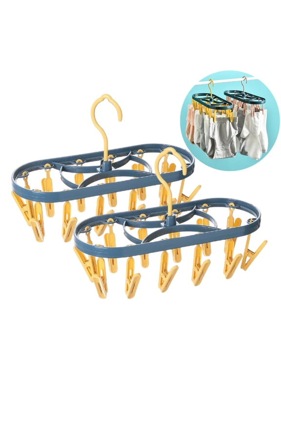 2 Pack Clothes Drying Hanger with 12 Clips, Small Portable Hanging Drying Rack Underwear Hangers, Foldable Hanging Rack, 360° Rotatable Hook for Drying Socks Towels Bras Gloves