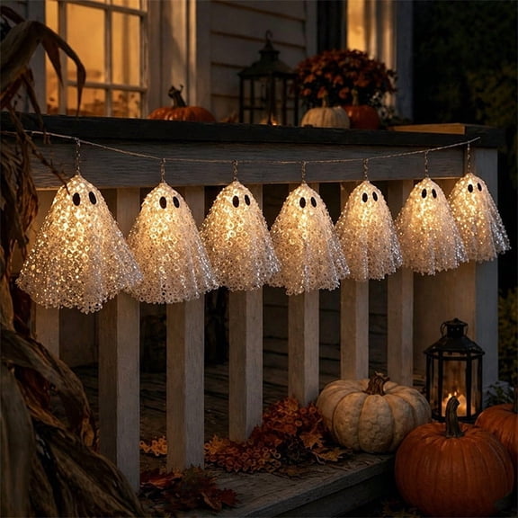 Xhegex 2M Sequin Ghost LED String Lights - Battery Operated Halloween Decor with Warm Ambient Glow for Festive Parties and Home Decoration