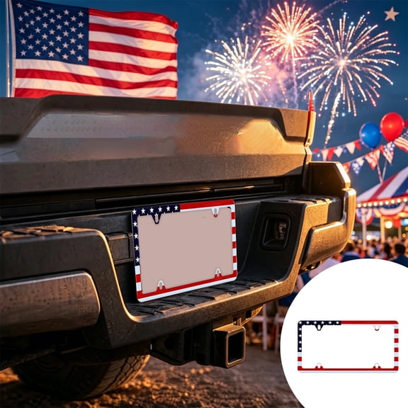 Xhegex Anniversary Commemorative License Plate Frame - Holiday-Themed Design with Star and Stripe Graphics for Festive Four-Wheel Rides and Trucks