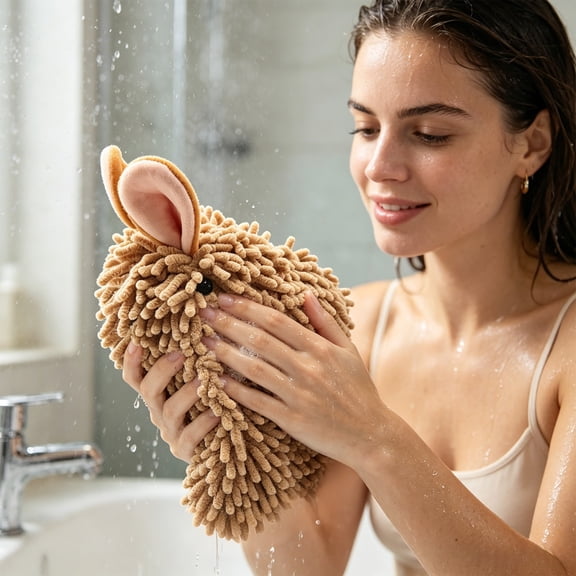 Xhegex Bunny-Shaped Chenille Hand Towel, Super-Absorbent Decorative Towel with Hanging Loop for Bathroom and Kitchen Use