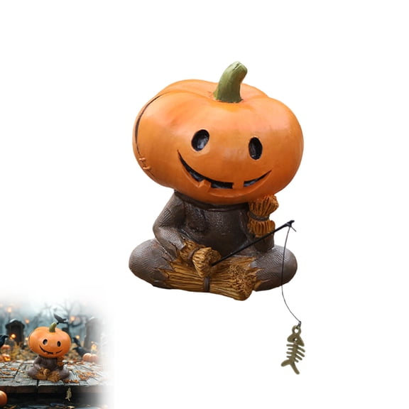 Xhegex Halloween Fishing Pumpkin Resin Statue Scarecrow for Garden Party Decor – Weather-Resistant, Versatile, Ideal for Halloween Enthusiasts