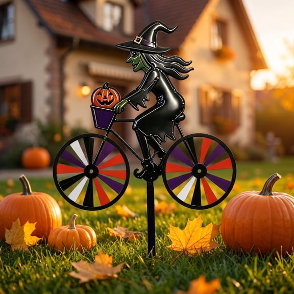 Xhegex Halloween Witch Bicycle Yard Stake - Metal Garden Decor for Spooky Fall Outdoor Display, Perfect for Homeowners and Halloween Enthusiasts