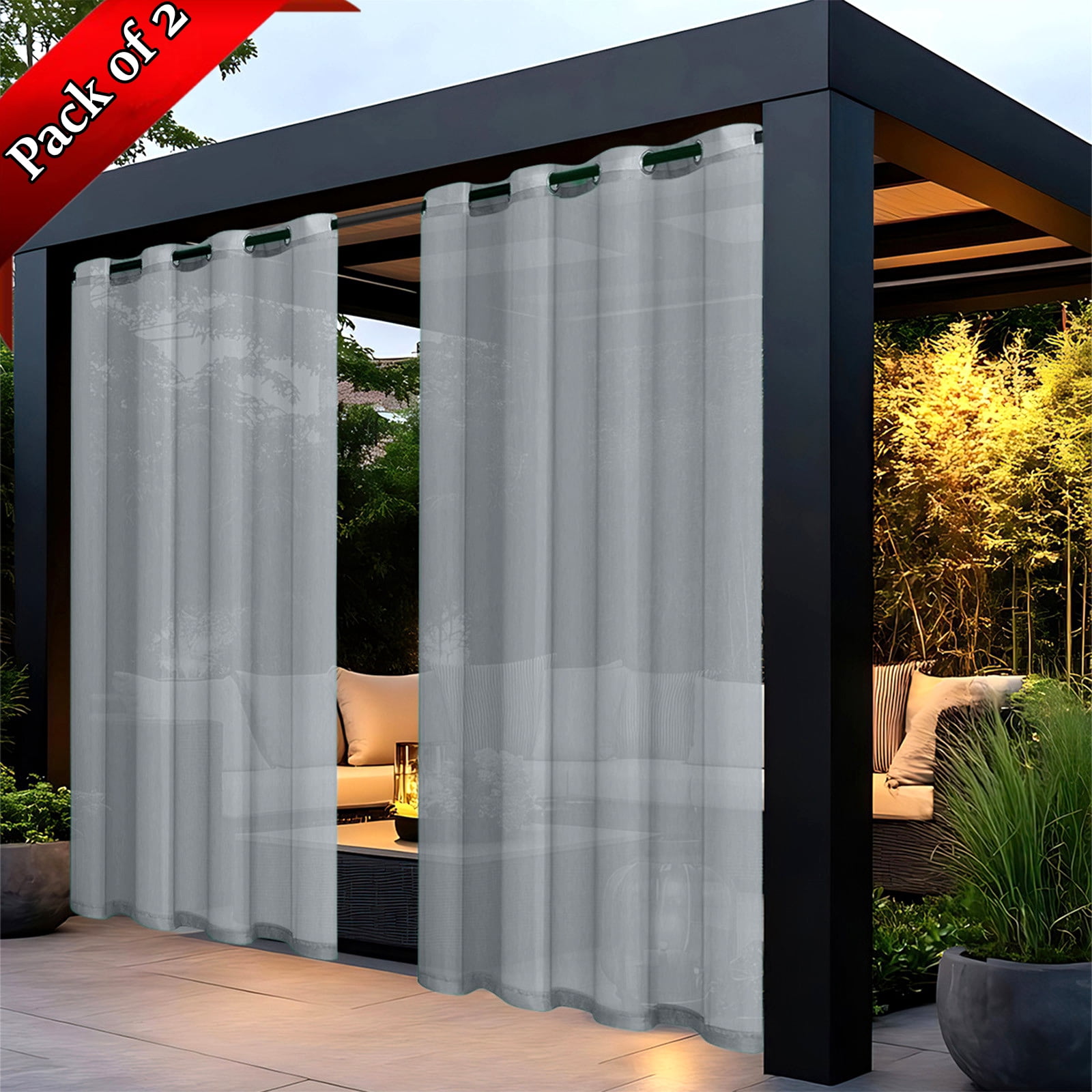 Xhegex Outdoor Curtains Waterproof Windproof Weatherproof Curtain for Patio, Cabana, Porch, Pergola and Gazebo, Grommet Top and Tab Bottom Drape, 2Panels, 52x72 inch, Gray