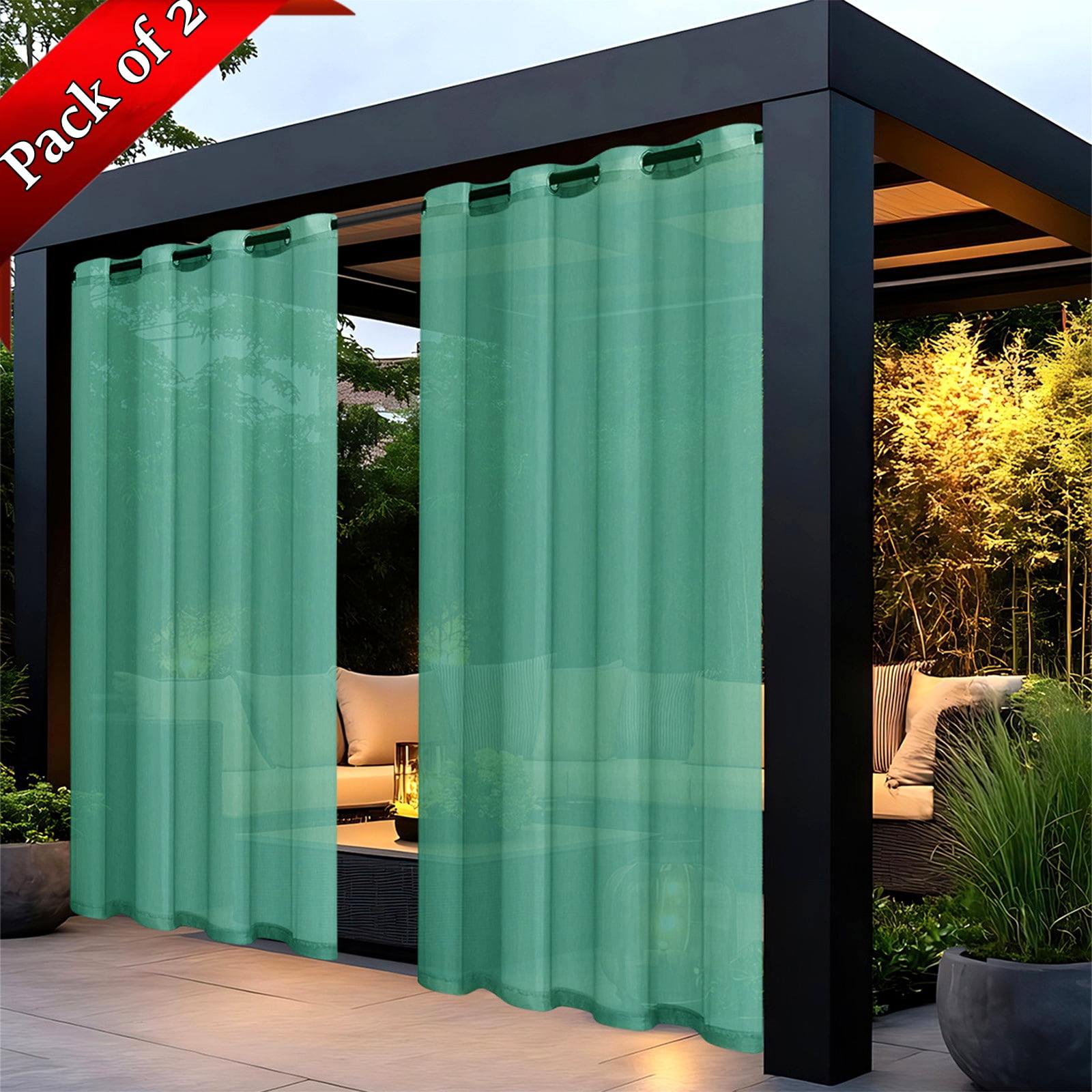 Xhegex Outdoor Curtains Waterproof Windproof Weatherproof Curtain for Patio, Cabana, Porch, Pergola and Gazebo, Grommet Top and Tab Bottom Drape, 2Panels, 52x72 inch, Green