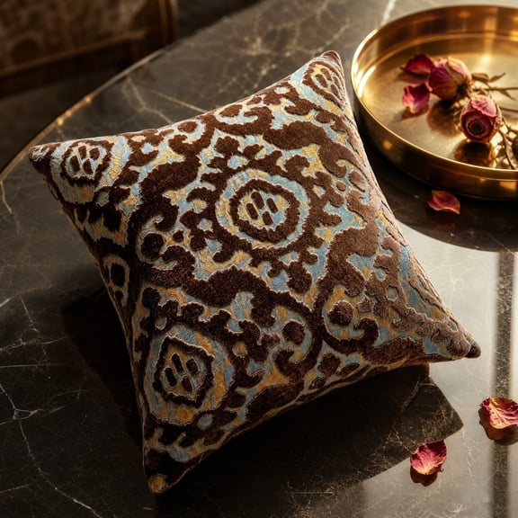 Xhegex Vintage Damask Embossed Floral Velvet Throw Pillow - Textured Decorative Cushion for Living Room Sofa, Bed, and Home Dcor