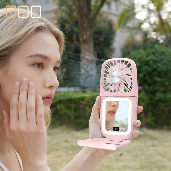 Xheghe Handheld Makeup Mirror Fan with LED Light, Portable Folding Tabletop Fan, Rechargeable Desktop Fan for Travel and Outdoor, USB-C Charging, 3 Lighting Modes