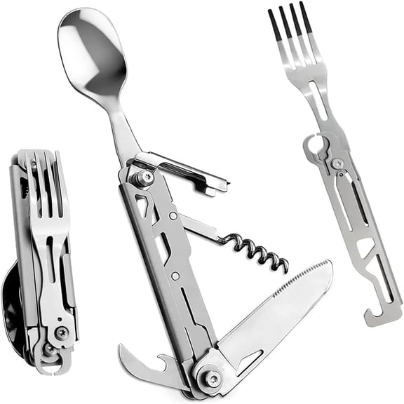Xheghe Outdoor Stainless Steel Knife and Fork Set - Multi-Functional Tableware with One-Handed Open/Close Design for Camping and Hiking Enthusiasts