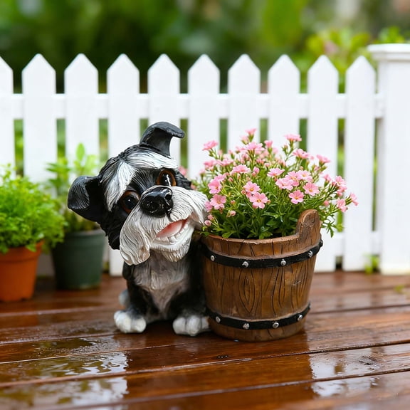Xheghe Schnauzer Dog Resin Planter - Cute Whimsical Dog Figurine With Barrel Pot For Succulents Flowers And Home Decor