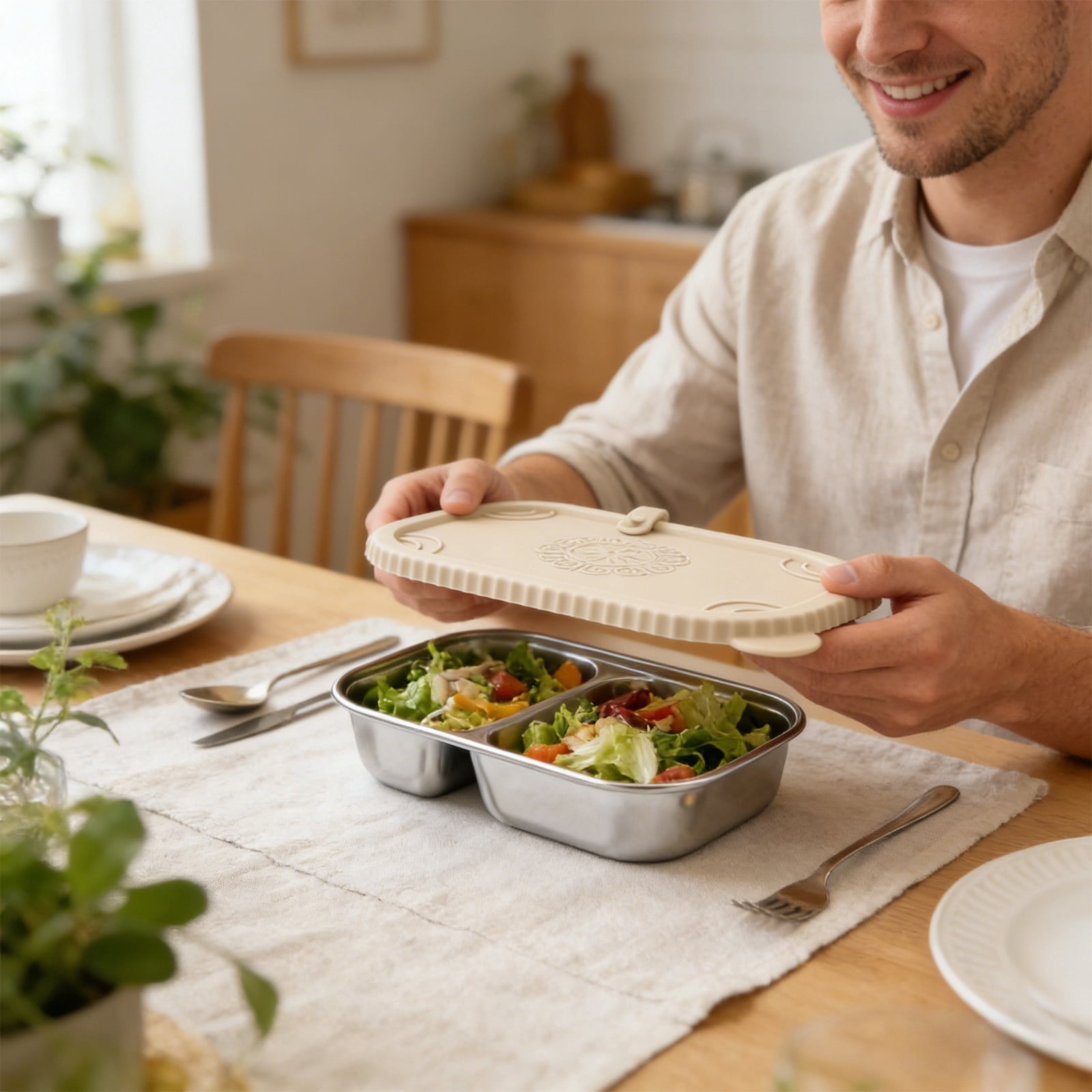 Xheghe Stainless Steel Bento Box with Silicone Lid - Leak-Proof, Two-Compartment Design for Travel, Office, or Picnic Lunches