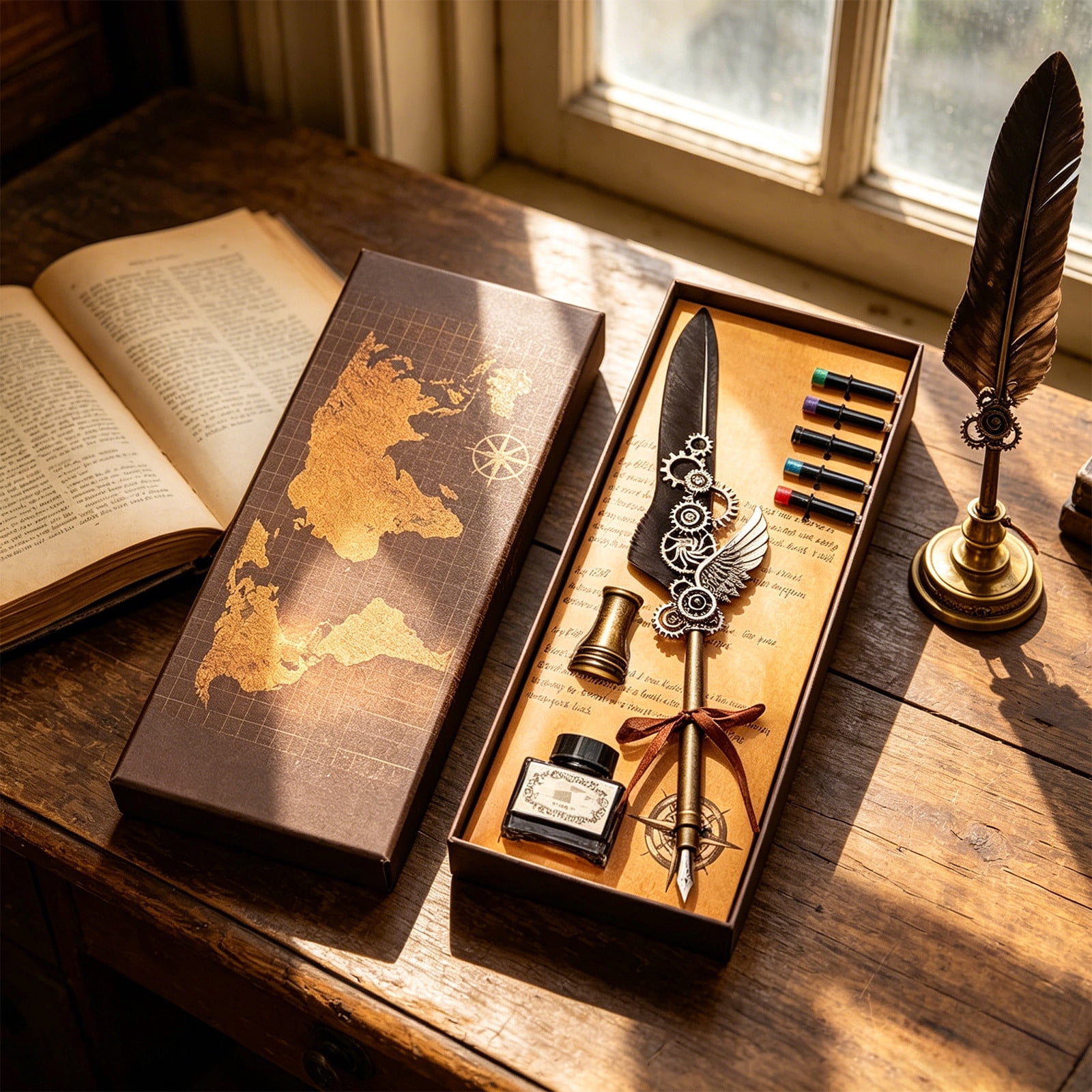 Xheghe Steampunk Quill Pen Set with Ink and Stand - Elegant Writing Kit for Journaling, Letter Writing, and Gifts for Adults