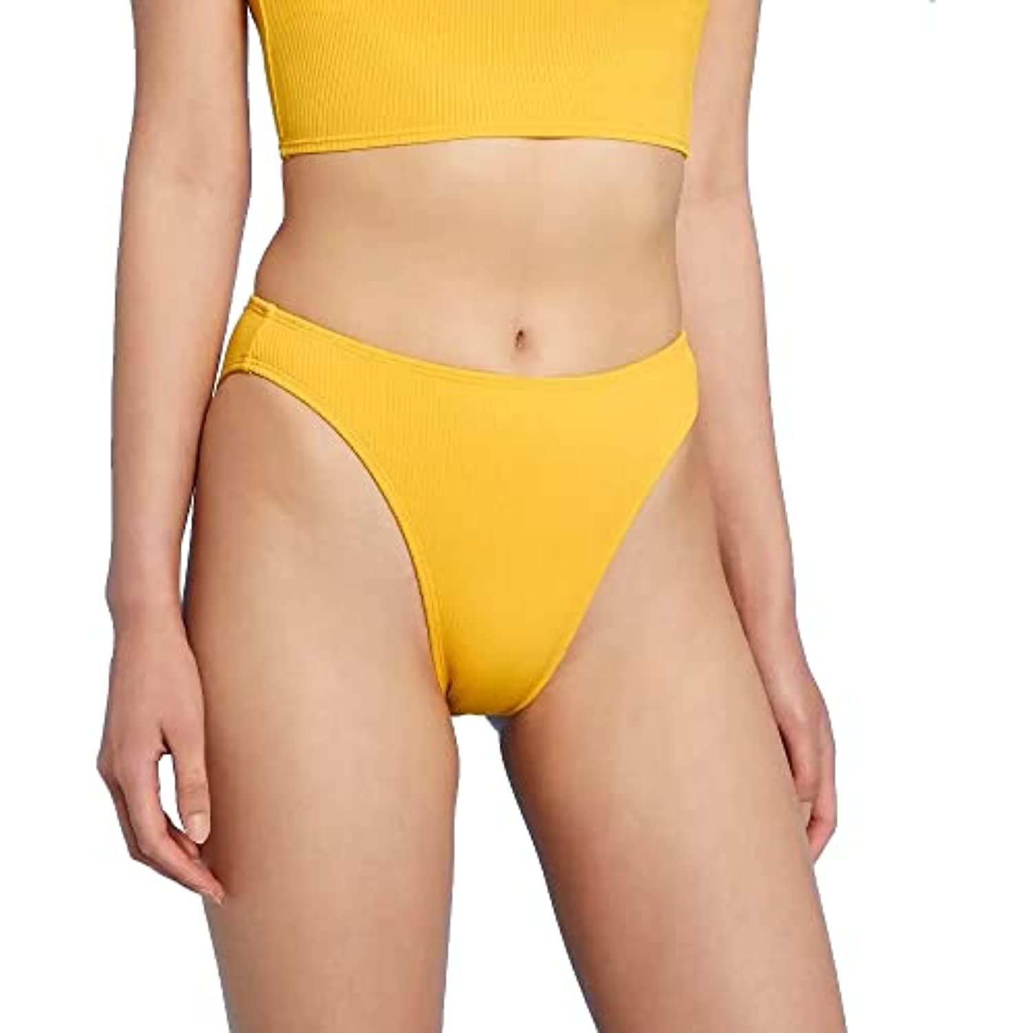 Xhilaration Women's Juniors' Ribbed Cheeky Mid-Waist High Leg Bikini Bottom  - (XLarge, Sun Yellow) 