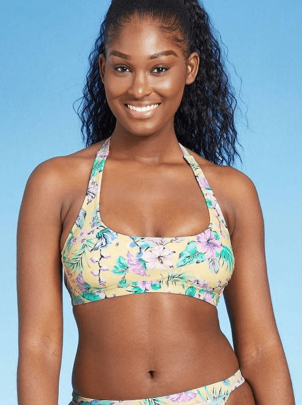 Xhilaration Women's Tropical Print Halter Bralette Bikini Top Yellow XS