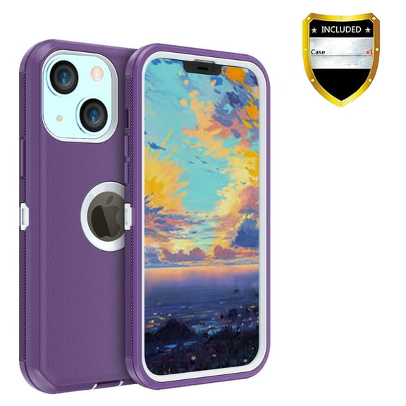 Xhy Compatible with iPhone 13 Case, Heavy Duty Hard Shockproof Armor Protector Case Cover for iPhone 13 Phone Case (Purple+White)