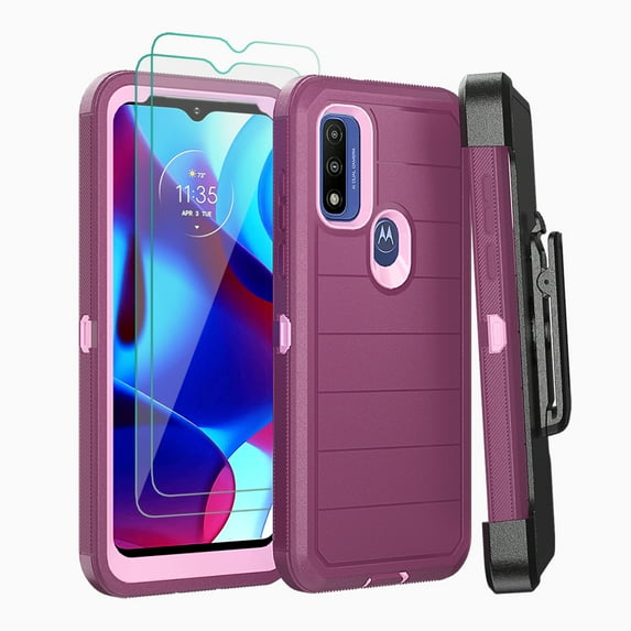 Xhy Moto G Play 2023 with Belt Clip Holster and Screen Protector with Belt Clip Holster Military Grade Full Body Drop Shock Protection Rugged Durable for Motorola G Play 2023 Phone - Wine Pink