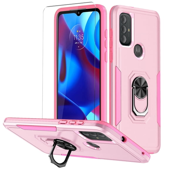 Xhy Moto G Play 2023 Case with Screen Protector and Magnetic Ring Kickstand Military Grade Double Layer Drop Protection Rugged Detachable for Motorola G Play 2023 Phone - Pink