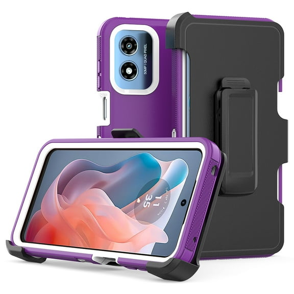 Xhy Moto G Play 2024 Case with Belt Clip Holster Military Grade Heavy Duty Protection 3 in 1 Shockproof Armor Rugged Durable for Motorola G Play 2024 Phone - Purple+White