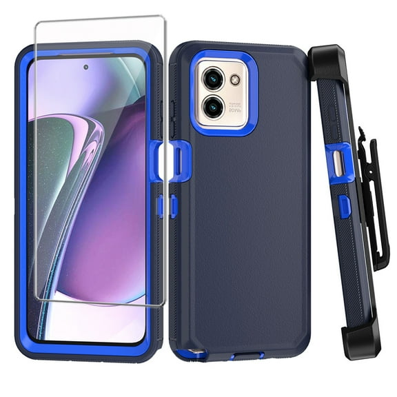 Xhy Moto G Play 2024 Case with Belt Clip Holster and Screen Protector Military Grade Protection 3 in 1 Shockproof Armor Rugged Durable for Motorola G Play 2024 Phone - Dark Blue+Blue