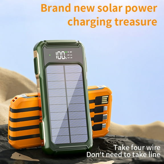 Xhy Power Bank 10000mAh 4 Cables Fast Charging External Battery Portable Solar Charger Built-in Led Flashlight Green